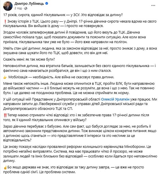 «Це системна помилка»: Лубінець прокоментував мобілізацію чоловіка, який самостійно опікується дитиною-сиротою