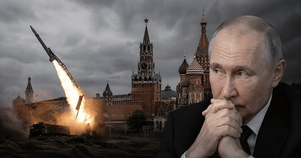 Запуск балістичної ракети FP-7 і Володимир Путін на тлі Кремля