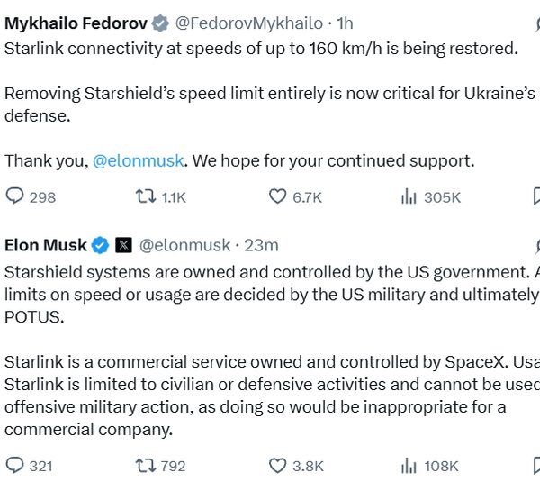 Маск: Швидкість Starlink залежить від рішення президента США